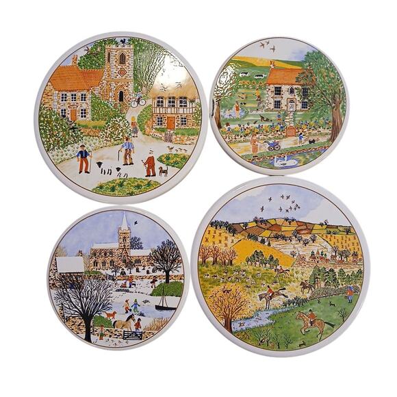 Vtg Royal Kent English Village Hunter Enamel Stovetop 4 Burner Covers Scene READ - Picture 1 of 11